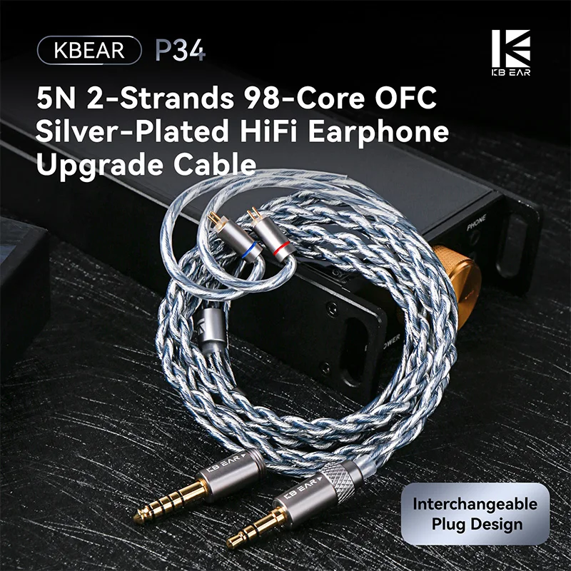KBEAR P34 Earphone Upgrade Cable 5N 2-Strands 98-Core OFC Silver-Plated Interchangeable Plug Design 3.5/4.4 for MK3
