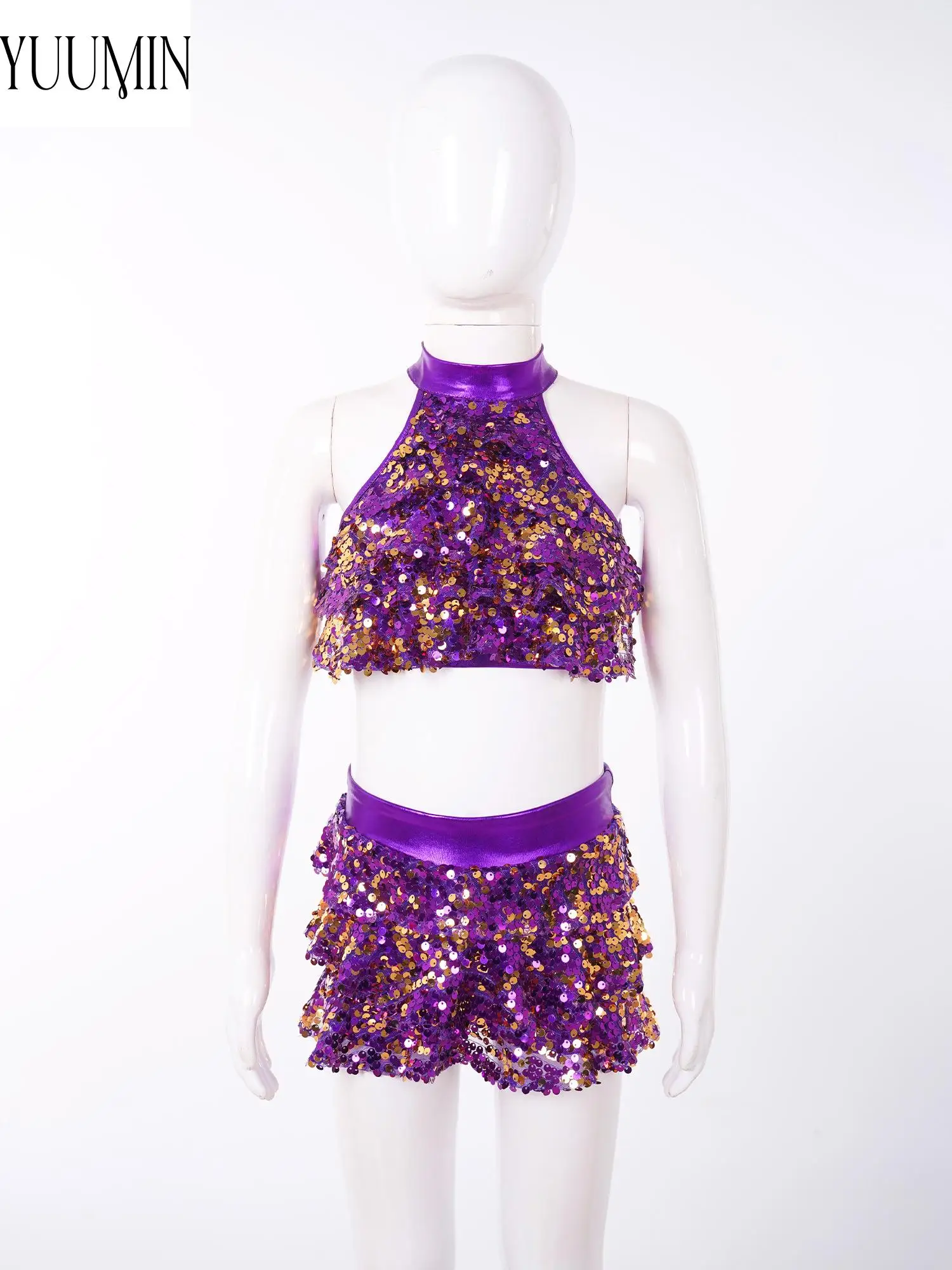 

Kids Girls New Latin Dance Clothing Sleeveless Round Collar Backless Shiny Sequins Tiered Crop Top with Elastic Waistband Skirt