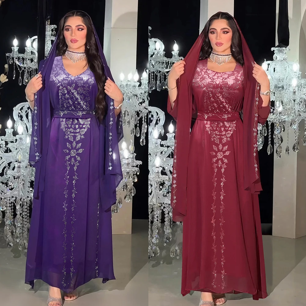 

Muslim Women Abaya Diamonds Long Maxi Dress Turkey Eid Ramadan Kaftan Dubai Arab Gowns Party Evening Islamic Morocco Vestidos