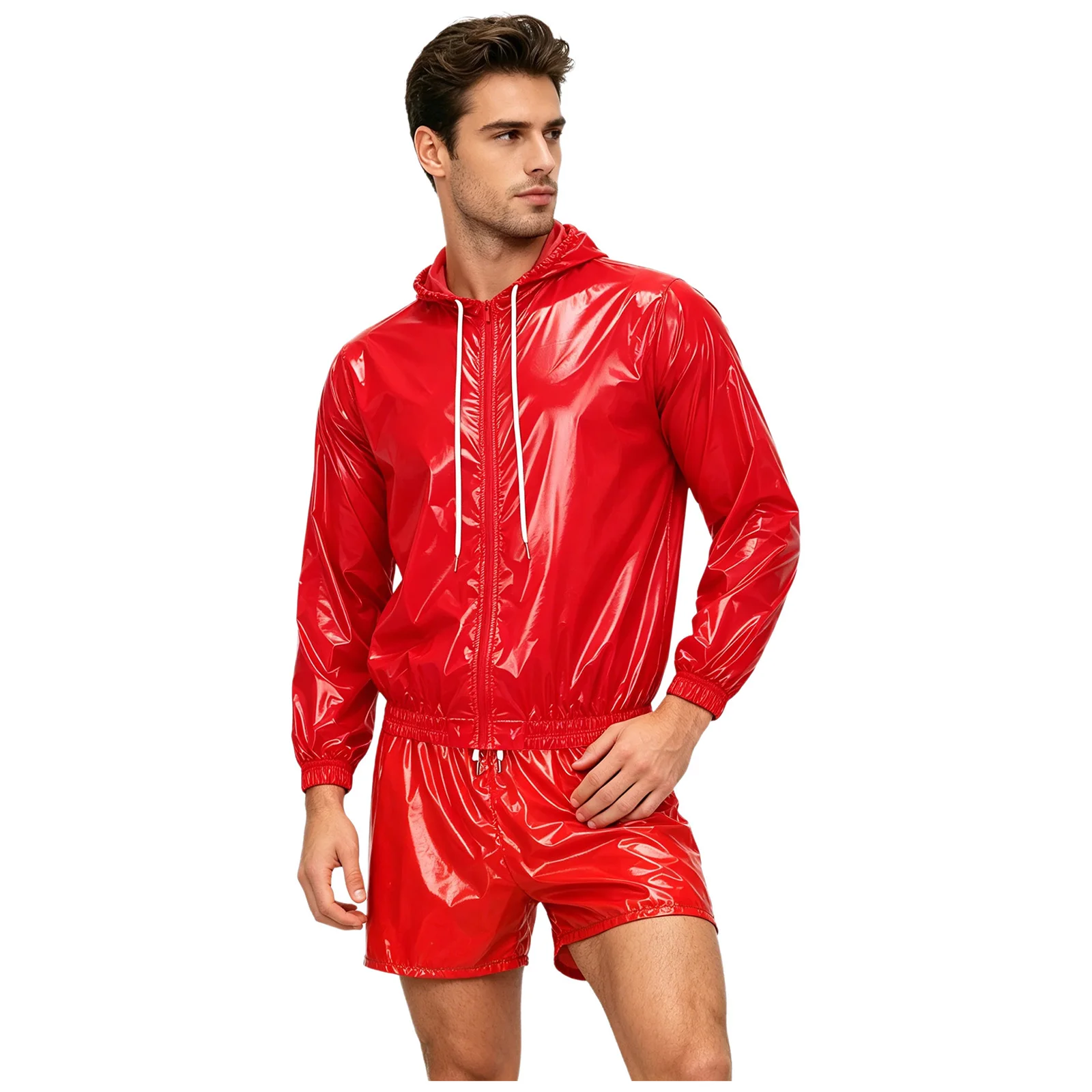 Men's Glossy Waterproof Tracksuit Sweat Outfit Long Sleeve Zipper Hooded Jacket+Boxer Shorts Gym Workout Sportswear Swimwear