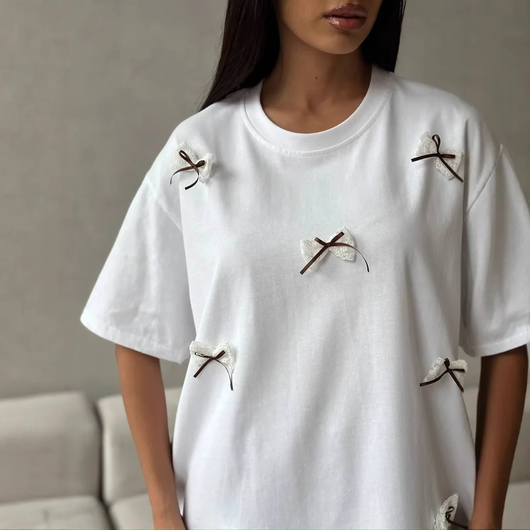 

European and American 2026 Spring and Summer New Style Bow Stitching Short-sleeved T-shirt | Round Neck Sweet Style