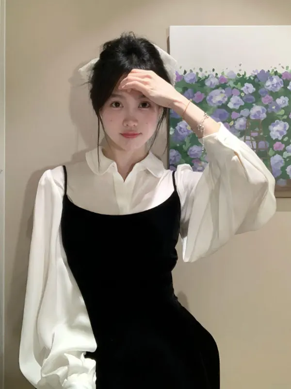 

Комплект из двух предметов: платье-рубашка в корейском стиле Хепберн, омолаживающий образ, готовый наряд, весна 2026, удобный, с длинным рукавом