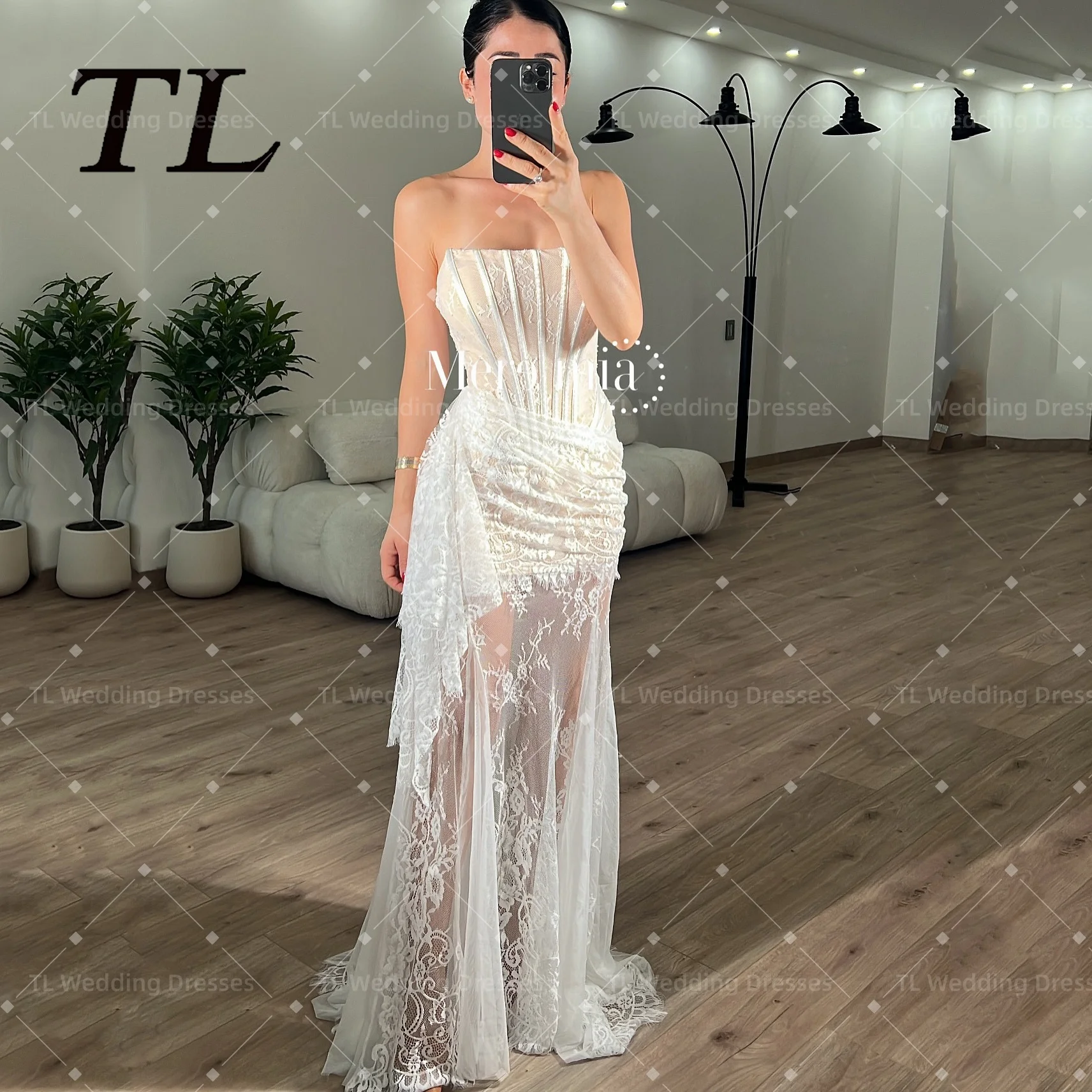 TL Customized Ivory Mermaid Strapless Wedding Dress Sleeveless Sexy Court Train Bridal Veil 2025 Lace Elegant Wedding Gown