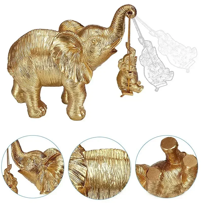 Golden Swing Mother Son Elephant Statue Resins Animal Elephant Sculpture Home Decor Living Room Bedroom Bookcase Mesa Decoration