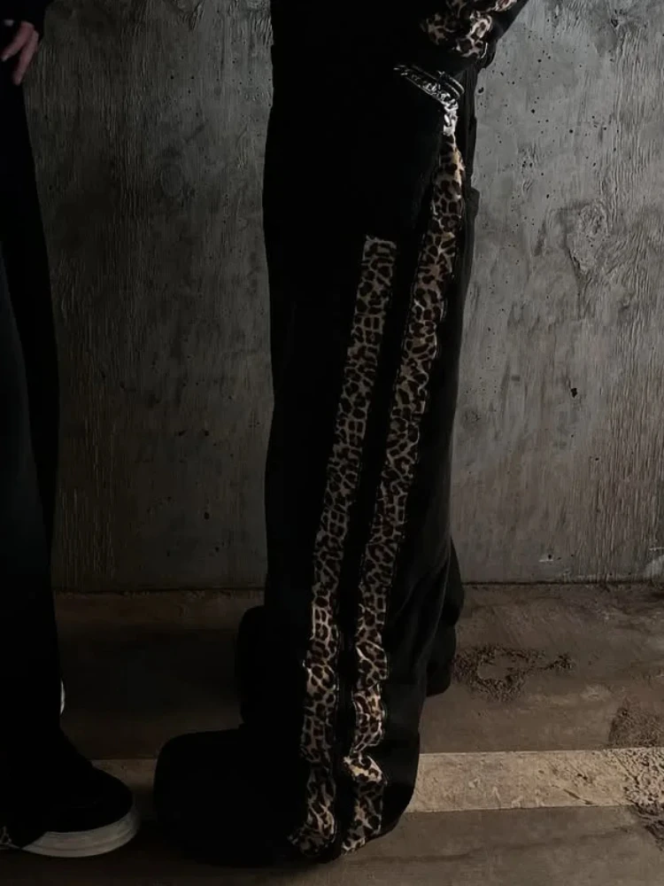 Dark Goth Made Old Fashion Leopard Stripe Stitching Harajuku Pants Autumn Winter Couple American Hip Hop Loose Straight Trousers
