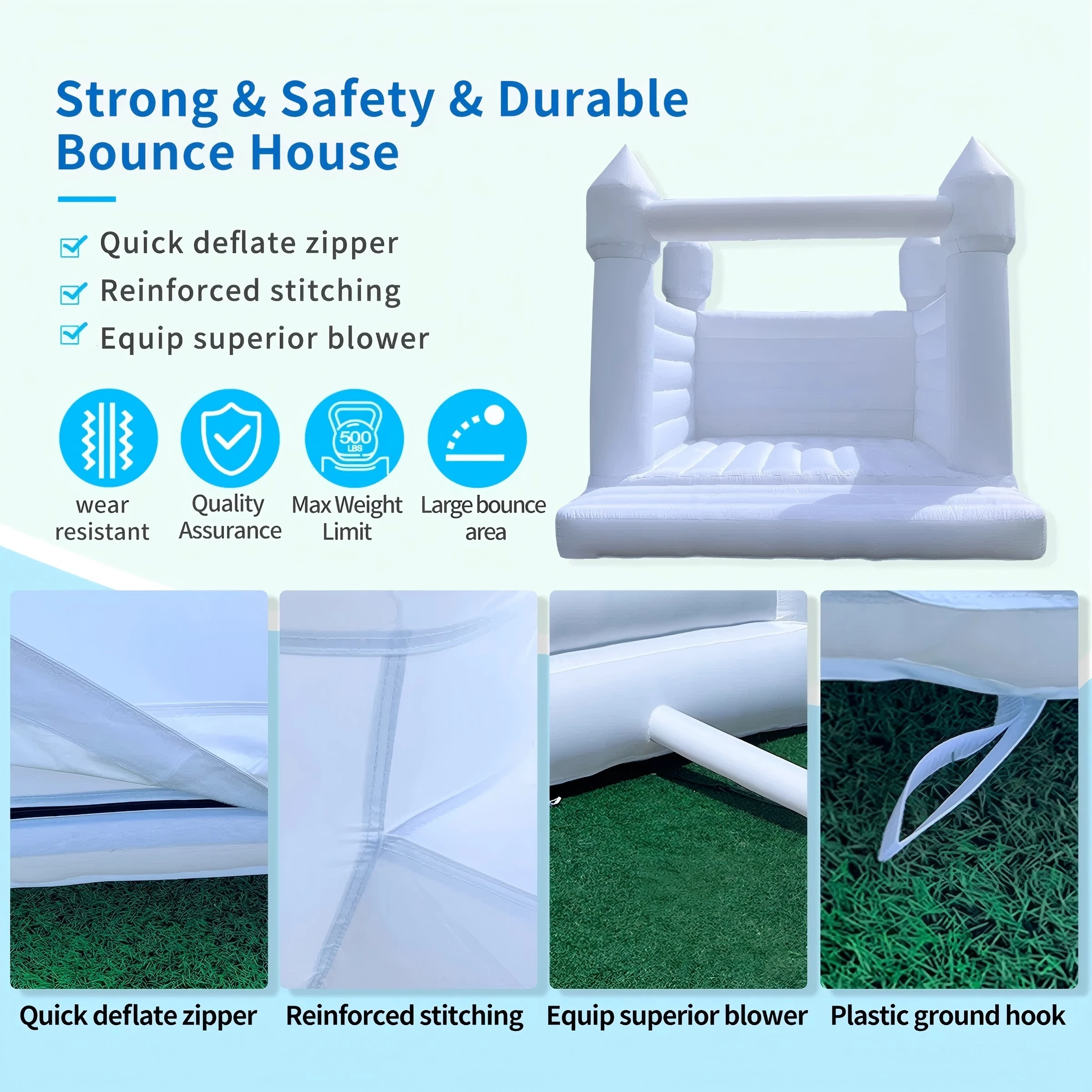 Castelo de casa de salto branco inflável, casa inflável oxford de 13x13x11 pés com ventilador para aniversário de crianças pequenas, personalização de casamento