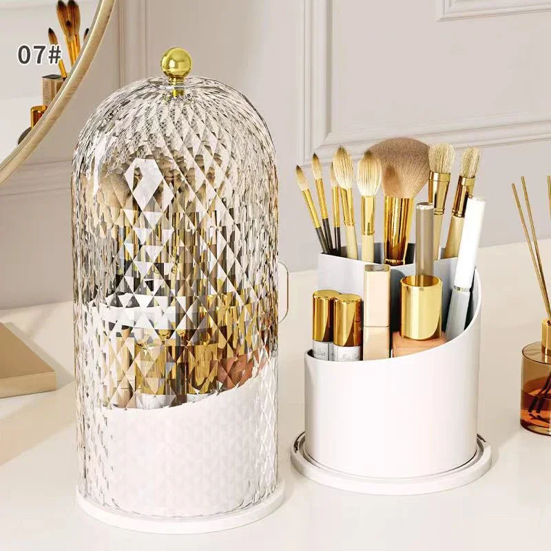 Makeup Brush Holder with Lid Diamond Birdcage 360° Rotating Makeup Organizer Dustproof Cosmetics Storage Box Lipstick Container