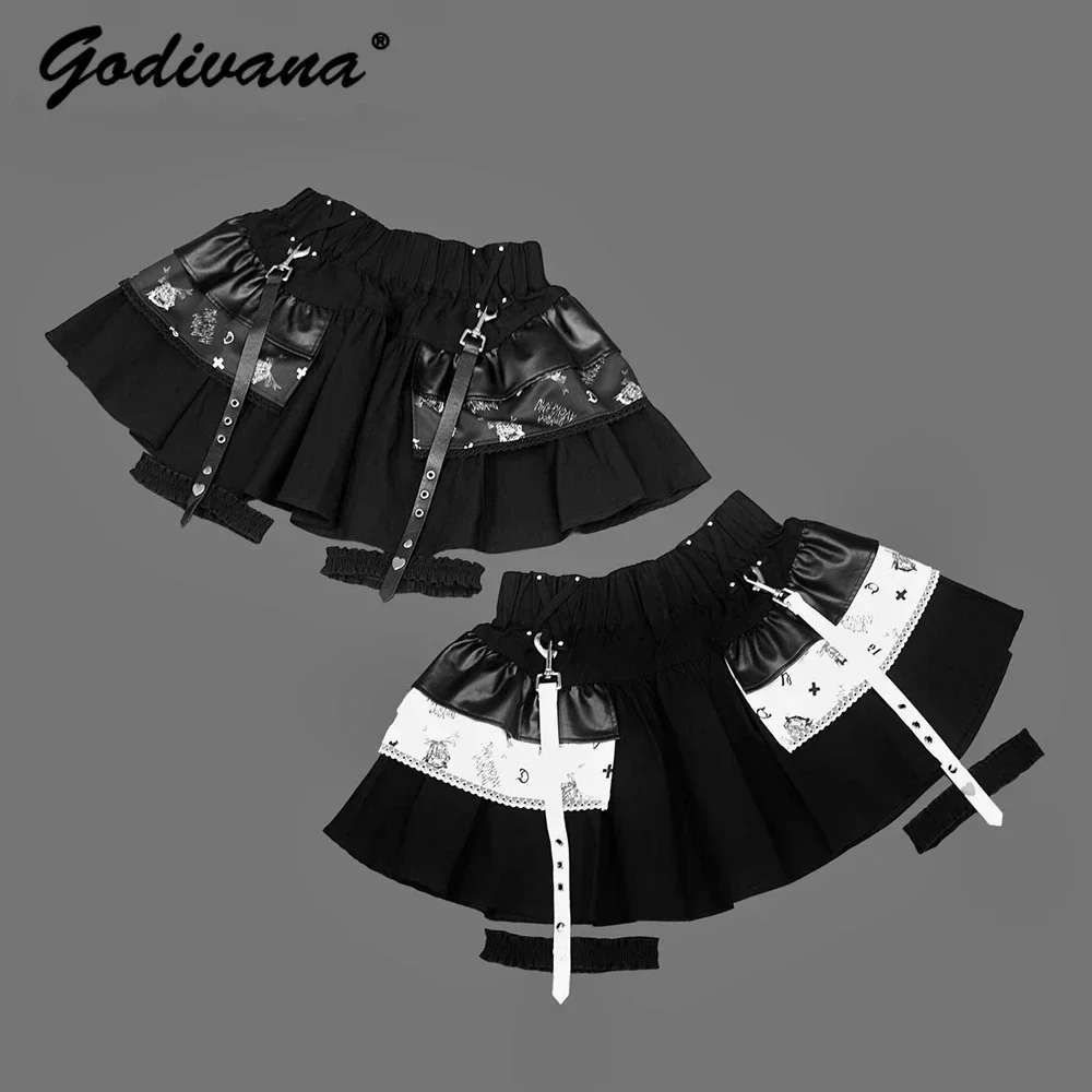 Japanese Mine Gothic Style Skirt Hot Girl Cool Ruffle Edge Decorative Pocket Rivet Buckle Sling Leg Ring High Waist Short Skirts