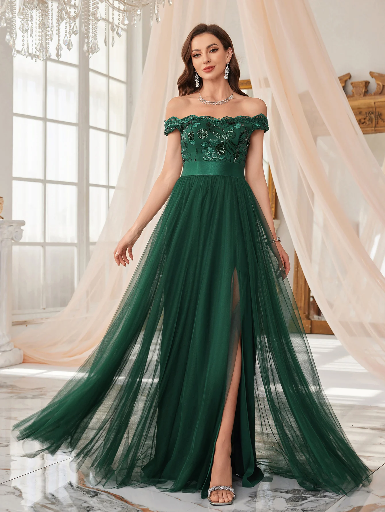 UNITHORSE Abito da donna elegante con spalle scoperte, alta fattura, perline, cuciture con paillettes, vita stretta, abito da ballo con spacco alto, tessuto a rete