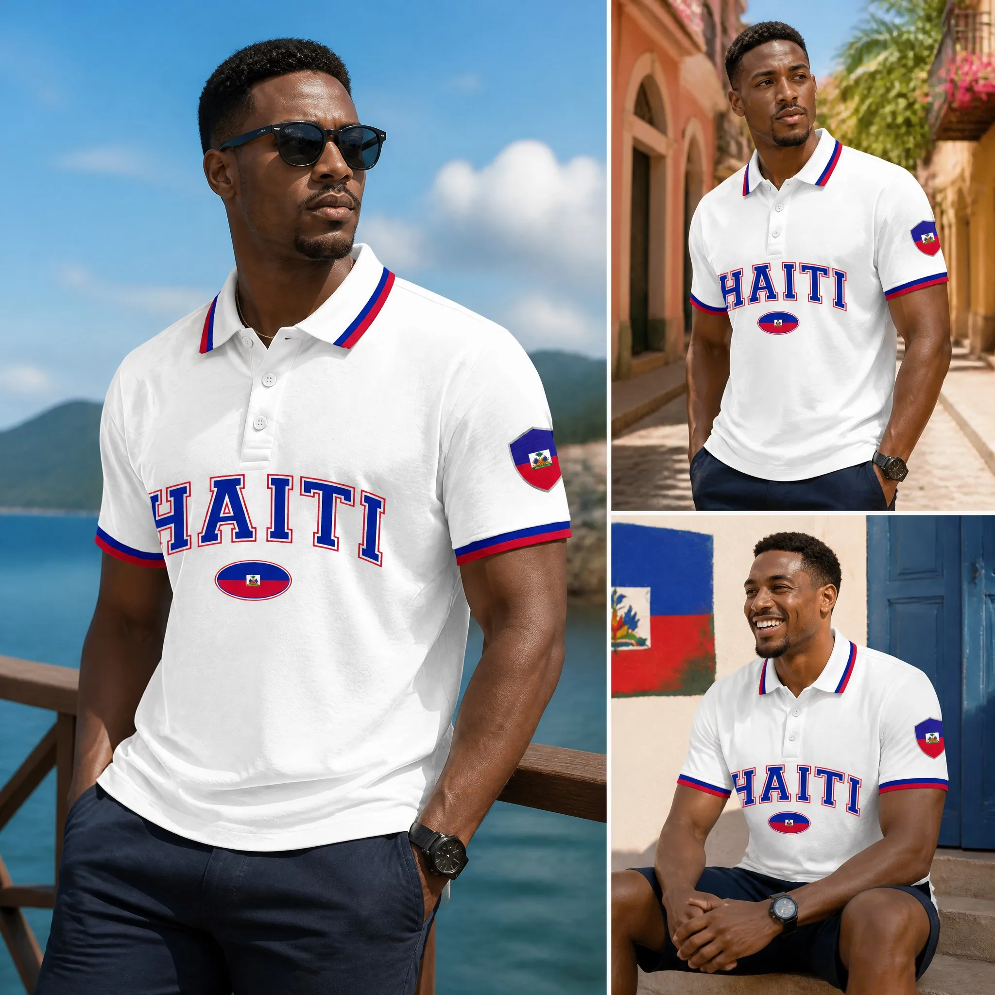 Men Haiti White Polo Shirt Short Sleeve Collared Tee With Flag Patch Red Blue Trim Beach Vacation Casual Summer Top For Resort