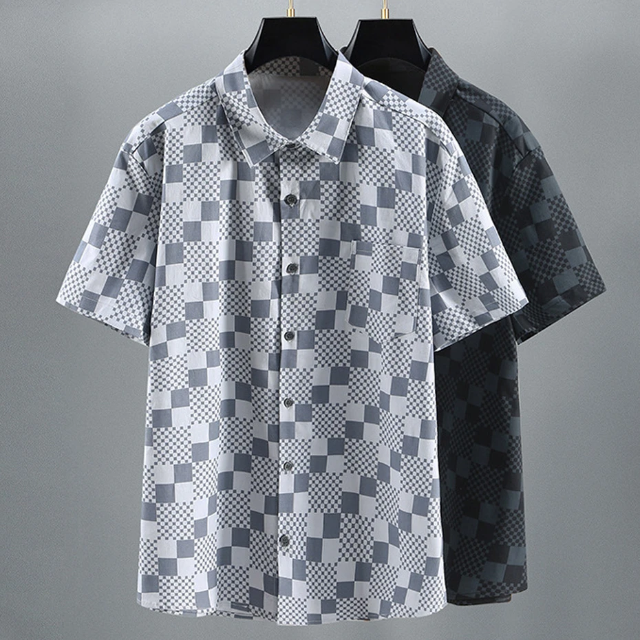 Summer Plaid Shirt Men Plus Size 11XL 10XL Fashion Casual Short Sleeve Shirts Male Hawaiian Beach Shirt Big Size 11XL