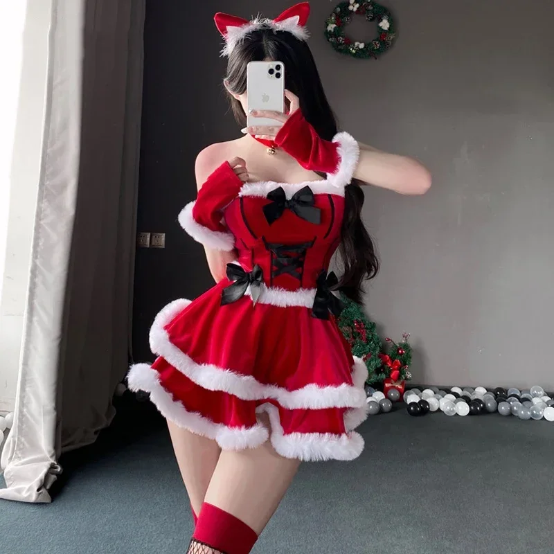 女の子のためのサンタクロースの制服,クリスマスのコスプレ,ロリータ,蝶ネクタイ,ふわふわのフリル,ショートトップ,スカート,手袋,クリスマスの衣装,かわいい衣装