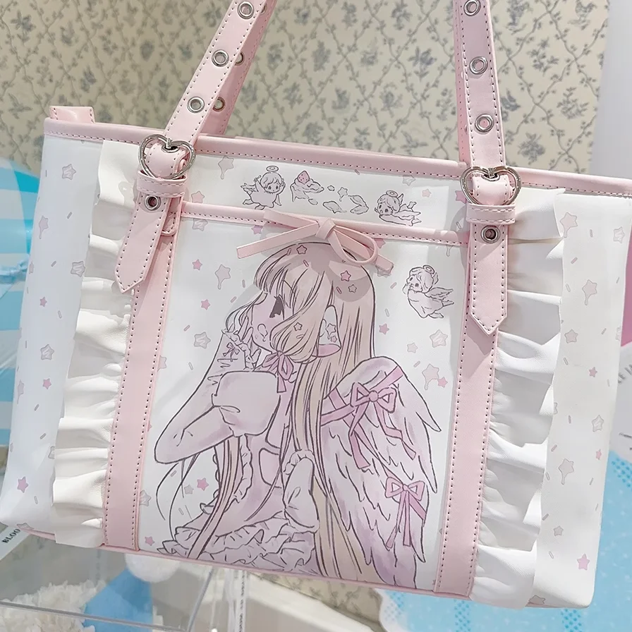 

Kawaii Japanese Lolita Pink Tote Bag Women Large Capacity Shoulder Bags Cartoon Cute PU Leather Handbags Shopping Women's Bags