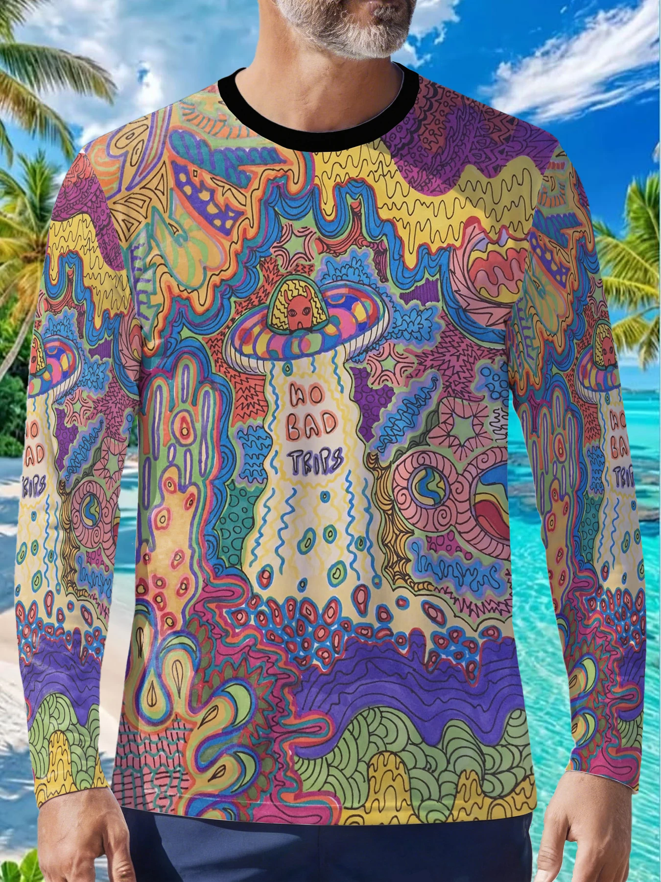 Art No Bad Trips Mens Polyester Long Sleeve T Shirt Alien Mushroom Groovy Print Graphic Tee Casual Streetwear Vibrant Hippie Sty
