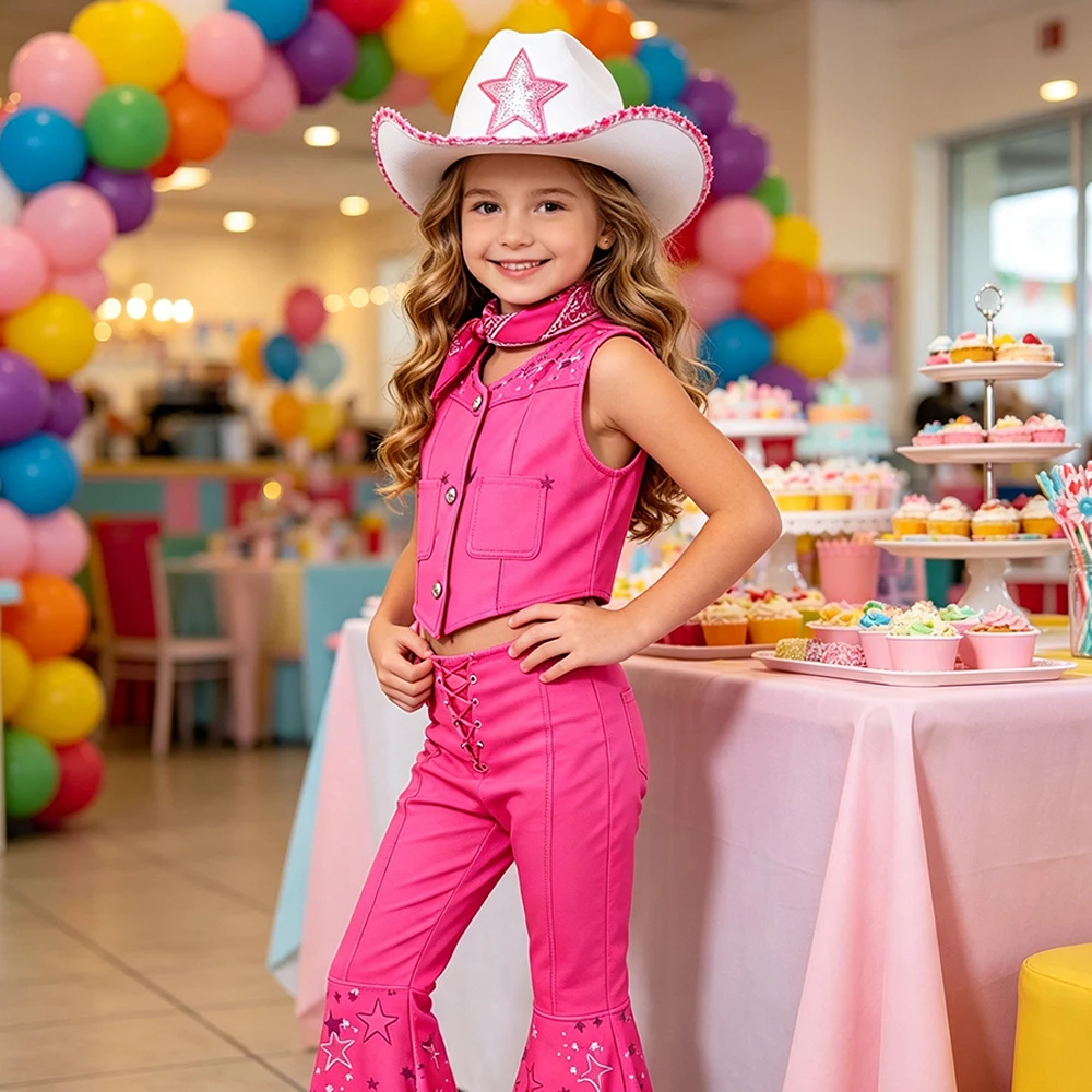Rosa Cowgirl-Kostüm für Mädchen, Outfit-Set mit Cowboyhut, Weste und Hose, Bandana, Halloween-Kostüme, Geburtstagsparty, Cosplay – Detail 9