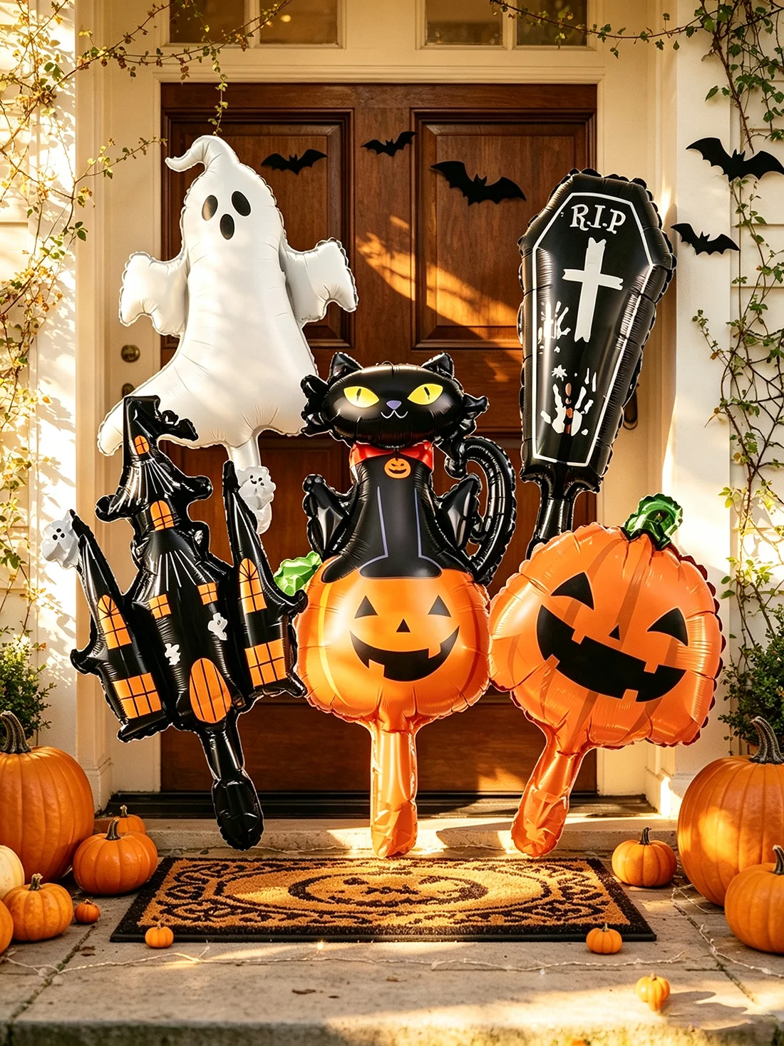 6-piece mini pumpkin ghost black cat haunted house coffin shaped aluminum film balloons Halloween party decoration