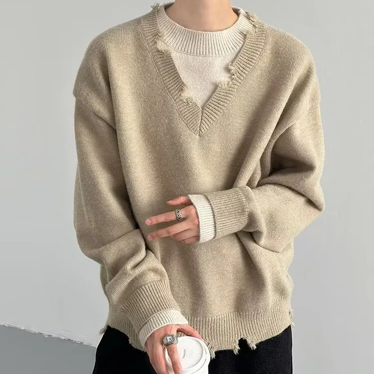 

Loose Fit Long Sve V-Ne Knitwear Base Layer Autumn Winter Men's Clothing College Sle Outerwear Polyester Fiber