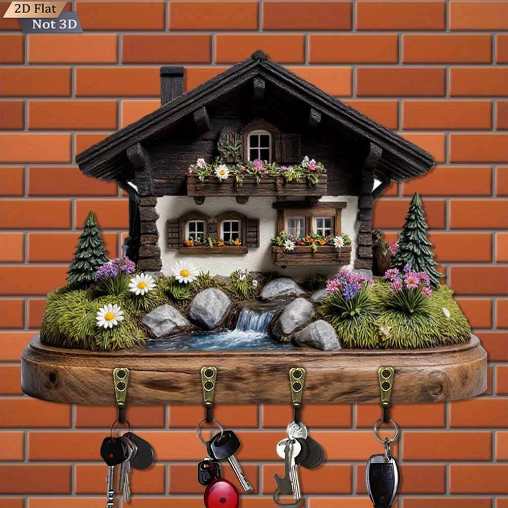 . 2D Flat. 1pc, Miniature Alpine Chalet with Garden Scene, Multifunctional wooden home key holder with four metal hooks,