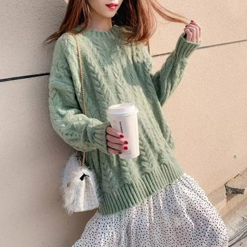 

Loose Knitted Sweater Women's round Ne Pullover Coarse Yarn Lazy Sle Korean Version Autumn Winter New Faion Student Top