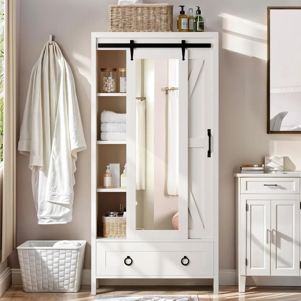 

Bathroom Storage Cabinet, 67" Tall Storage Cabinet With Full Length Mirror ＆ Barn Door, Farmhouse Bathroom Cabinets