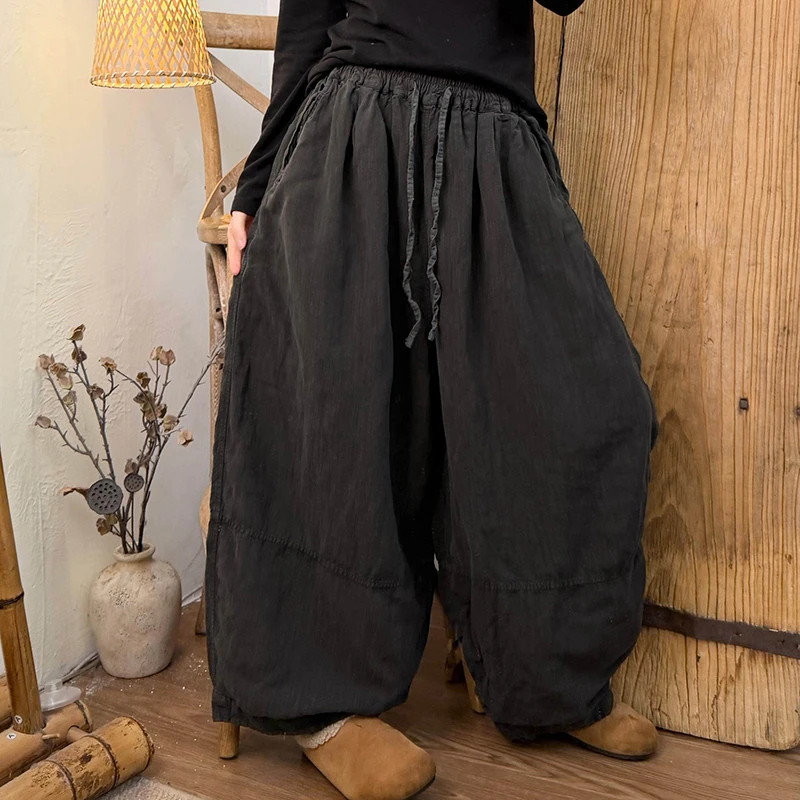 2026 New Arrival Spring/autumn Women Double-layer Cotton Linen Ankle-length Pants Casual Loose Elastic Waist Harem Pants H199
