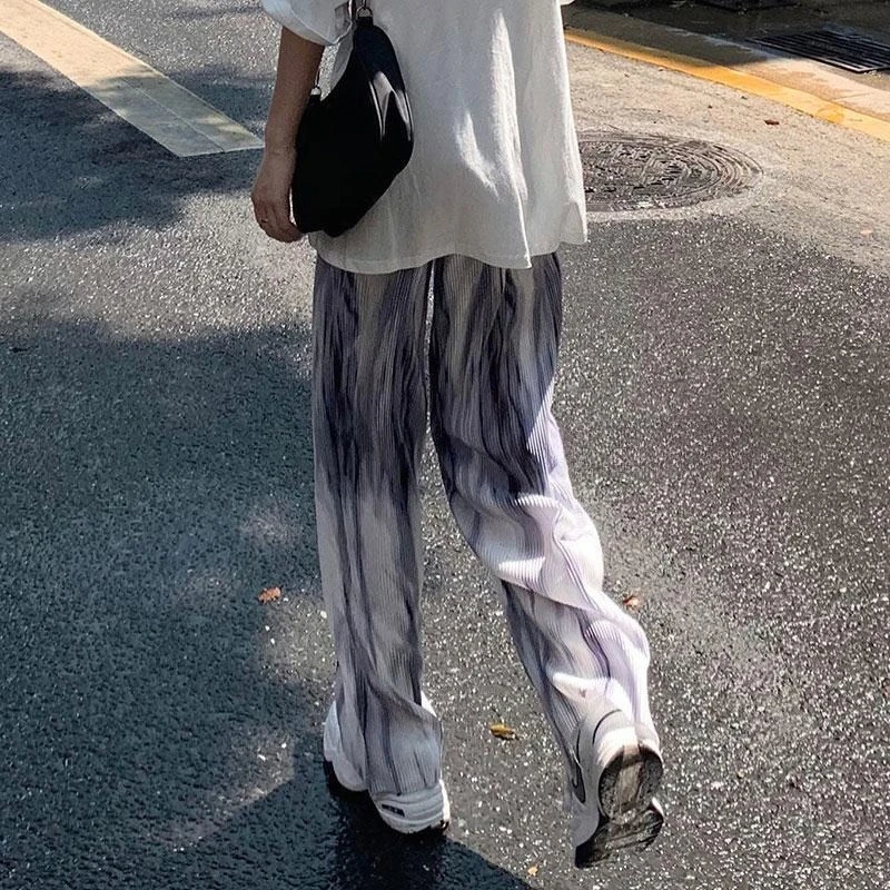 Trendy Tie Dye Wide Leg Pants for Women Paper Bag Waist High Waist Casual Trousers Long Length - view 2