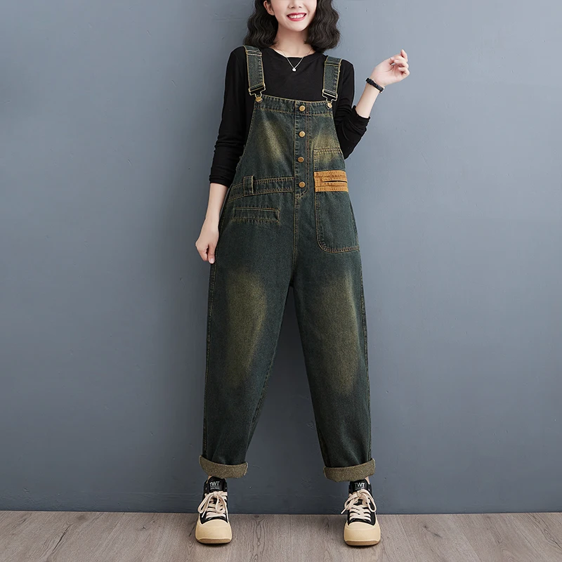 

#1496 Vintage Denim Jumpsuits Women Loose Split Joint Denim Overalls Ladies Pencil Harem Long Jumpsuit Female Buttons Autumn