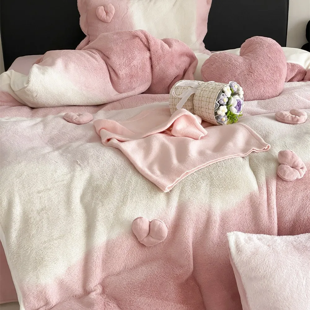 Gradient rabbit plush four-piece bedding set, 3D heart-shaped, thickened, warm milk fleece duvet cover.