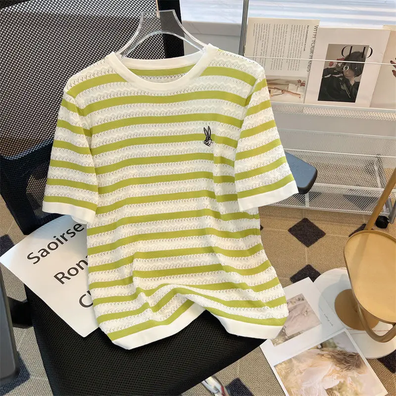 Summer Casual Loose Embroidery Striped T-shirt Women Fashion O-neck Short Sleeve Knit Top Tee Chic Hollow Out Thin Pullovers