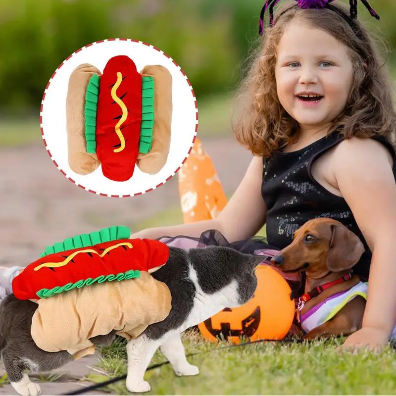 Lustige Hundekostüme, Hot Dog-förmige Dackelwurst, verstellbare Cosplay-Kleidung, Haustierbekleidung, Verkleiden für Partys, Foto-Requisiten