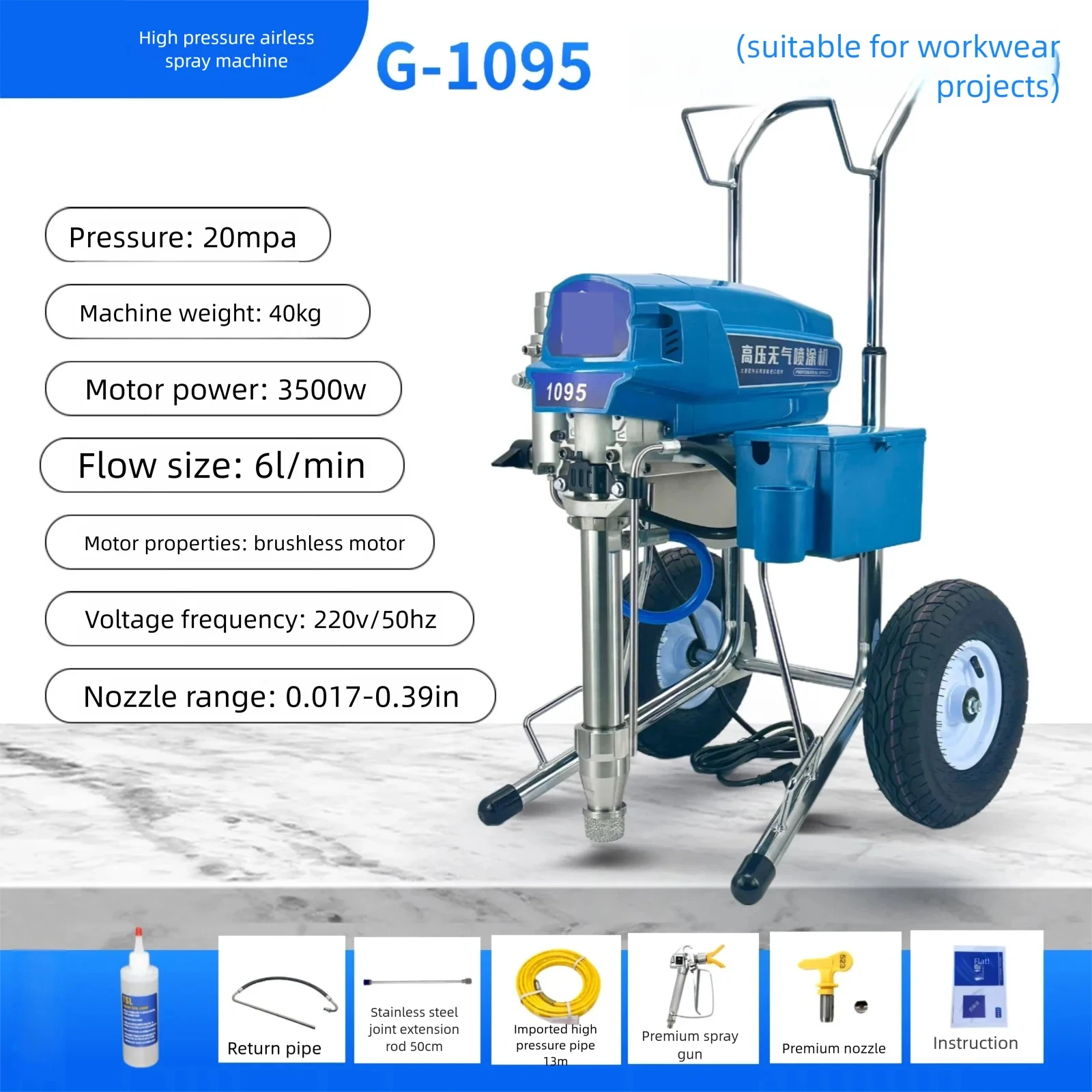 Airless Paint Sprayer 10L/min 4000W, Heavy Duty Putty Plaster Sprayer Painting Machine with Long Piston Pump for Latex Paint