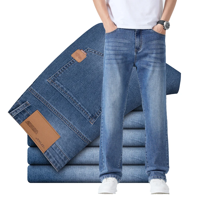 

Summer Thin Men's Brand Jeans Breathable Solid Color Straight Business Denim Pants Casual Simple Loose Male Trousers