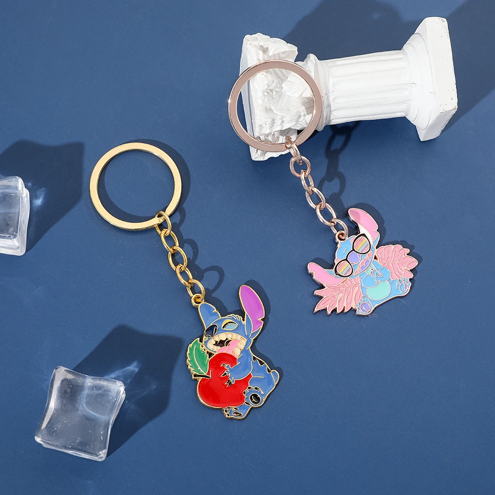 Kawaii Stitch Model Metal Keychain Disney Cartoon Lilo & Stitch  Keyrings Car Key Holder Bag Ornament for kids Gift Accessories