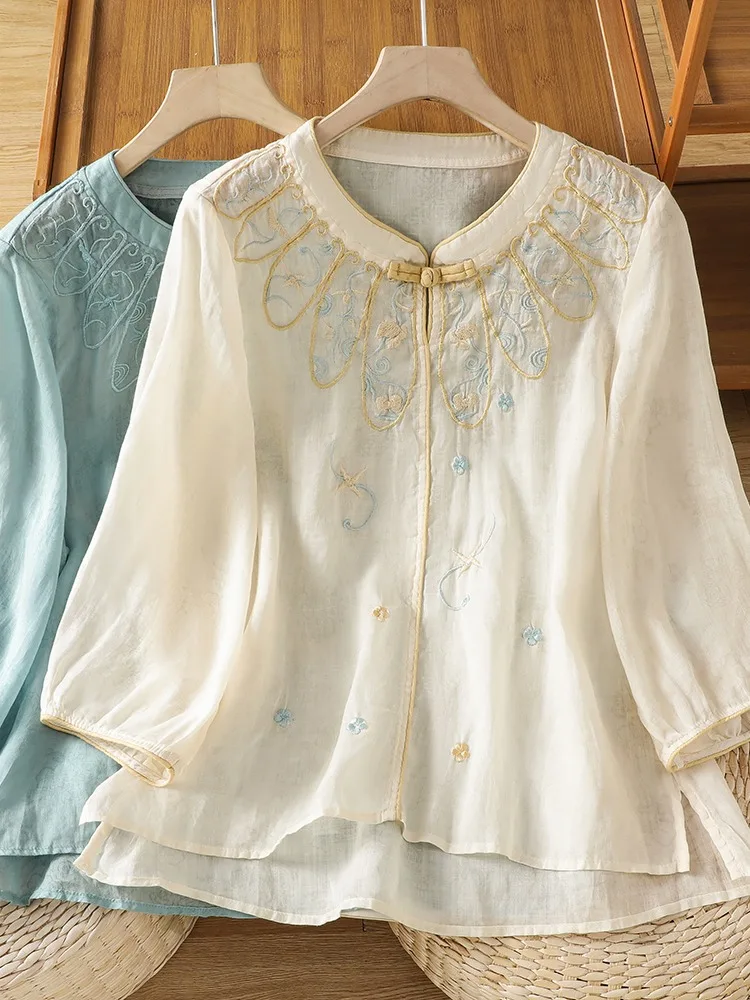 Elegant Embroidered Cotton Linen Shirt Women's Summer High Collar Button up Top  Design Breathable Comfortable Loose...