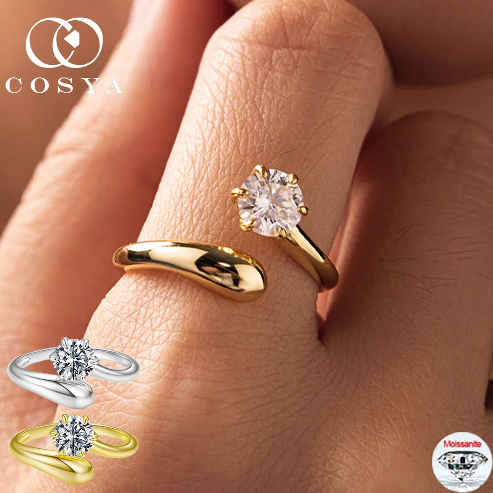 

COSYA 1CT 6.5mm Moissanite Ring For Women S925 Silver D Color Round Lab Diamond Adjustable Open Band Party Fine Jewelry Gift