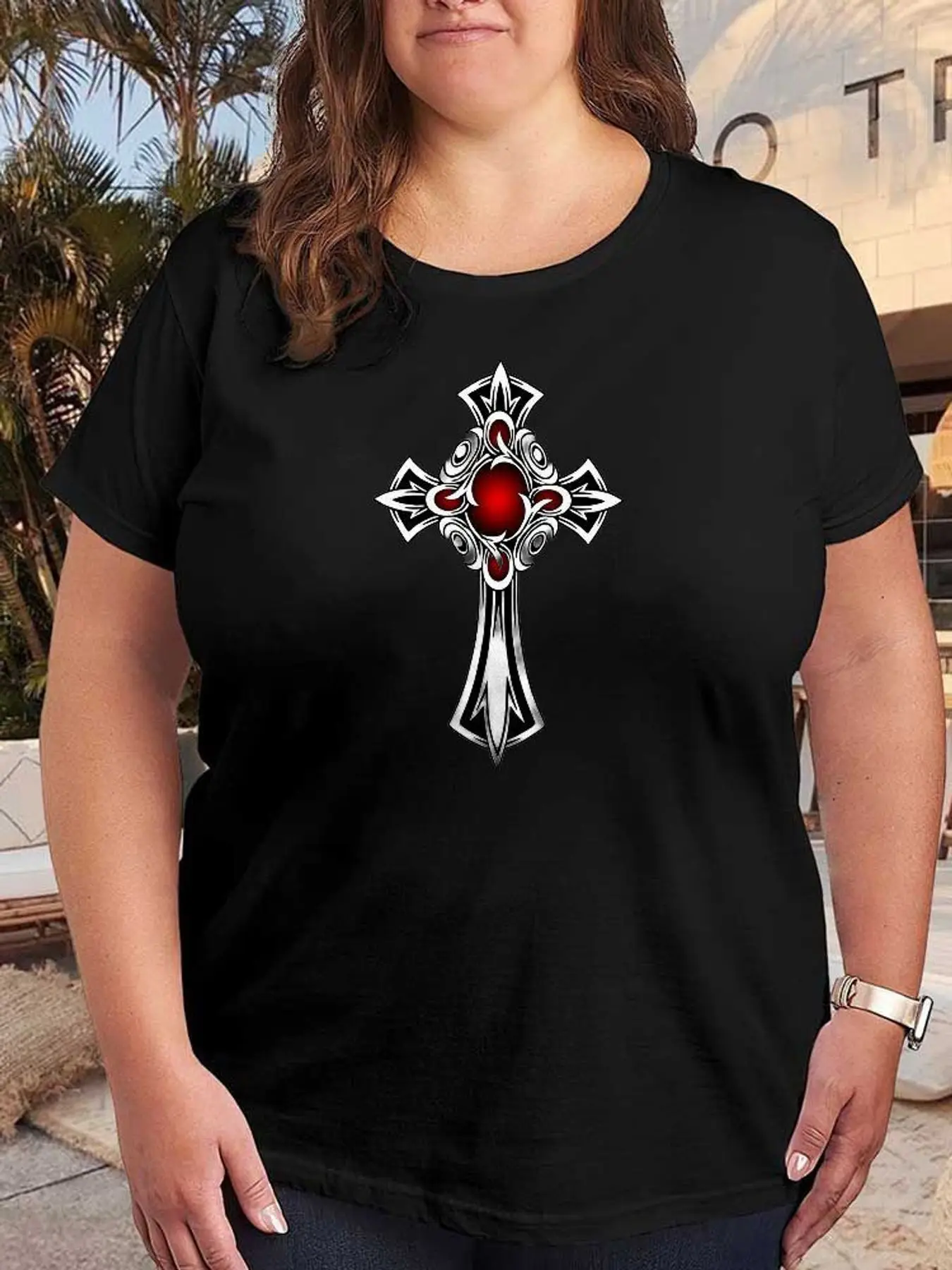 Gothic Cross Graphic T Shirt Women Fashion Short Sleeve Stretchy Plus Size Casual Aesthetic Print Tops Clothes