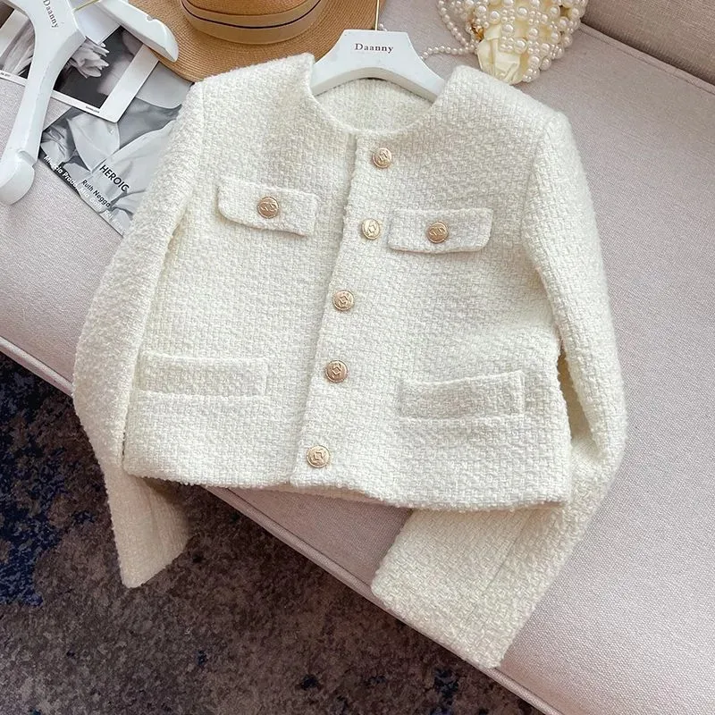 Fashion White Woolen Coat 2025 New Spring Autumn Jacket Women's Short Tweed Woolen Tops Casual Korean Version Outerwear Female