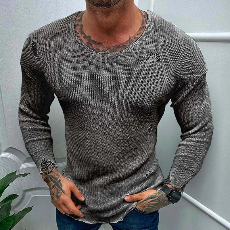 Vintage Ripped Design Knit Tops Men Spring Long Sleeve Slim Sweaters Casual Men\'s Clothing Fashion Solid Color Knitted Pullovers