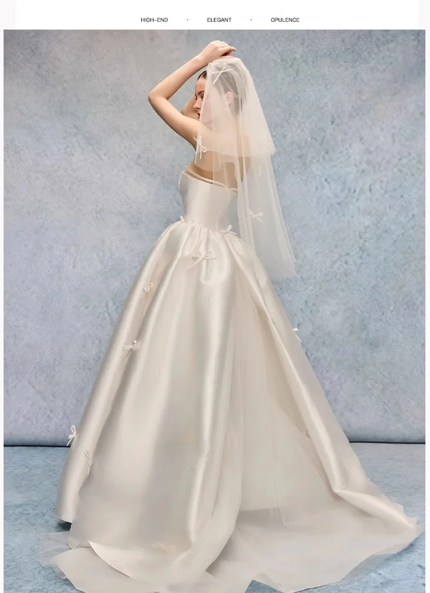 Abiti da sposa coreani Bowith Abito da sposa in raso con fiocco senza spalline Abito da sposa senza maniche lungo fino al pavimento personalizzato