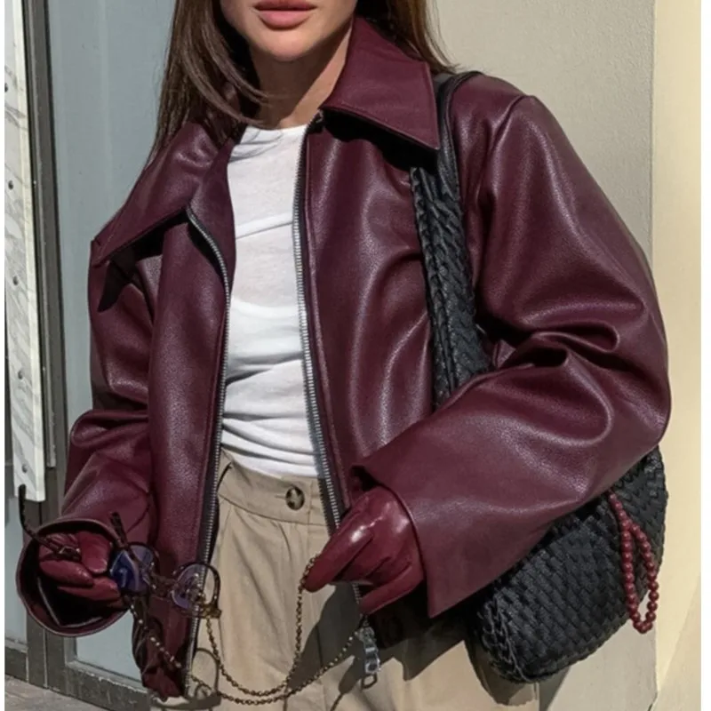 Fashion Leather Bomber Jackets For Women 2025 Autumn Winter Jackets With Zipper Ruched Demi-season Jacket Female Streetwear Coat