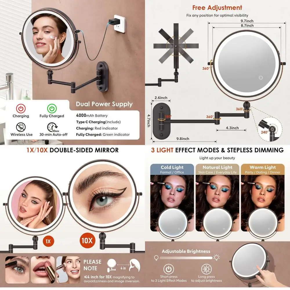 

9 Wall-Mounted LED Lighted Makeup Mirror with 4000mAh Battery, Dual-Sided 1X/10X Magnification, Touch-Dimmable 3-Color Lighting,