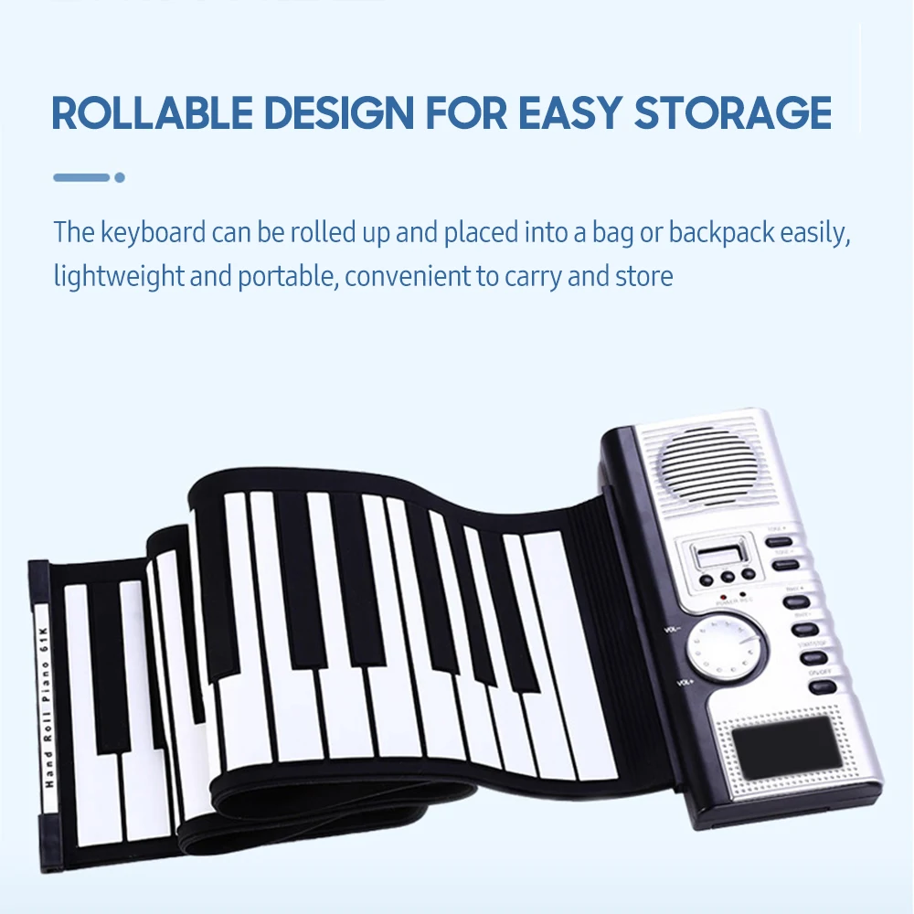 61 Keys Roll Up Piano Keyboard Portable Soft Silicone Electronic Piano with Built-in Speaker LCD Display Recording MIDI Function