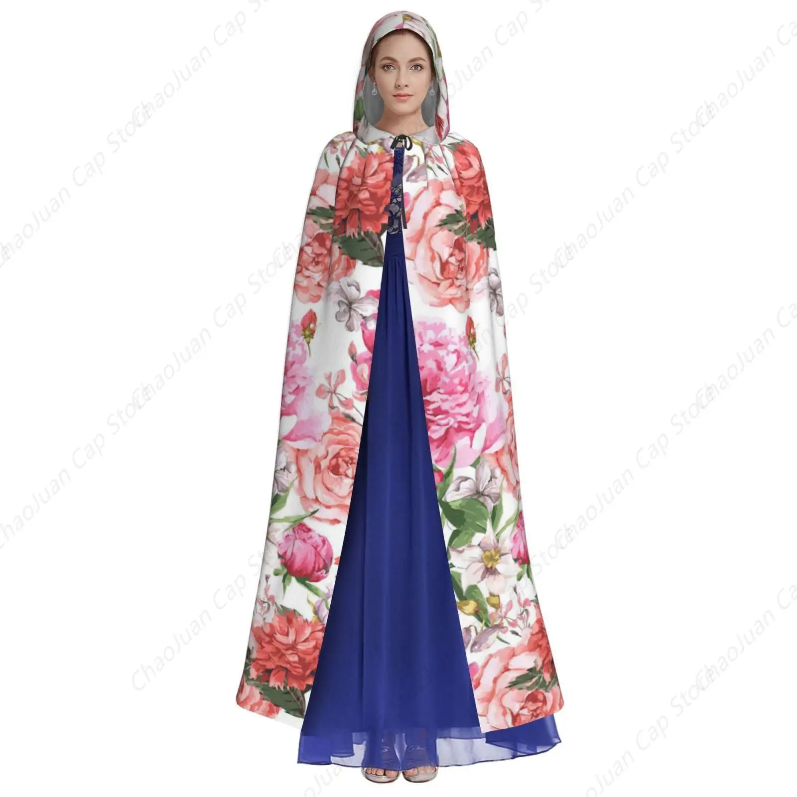 Garden Peony Print Adults Hooded Cloak With Halloween Christmas Witch Cape Robe Costume Party Supplies ?