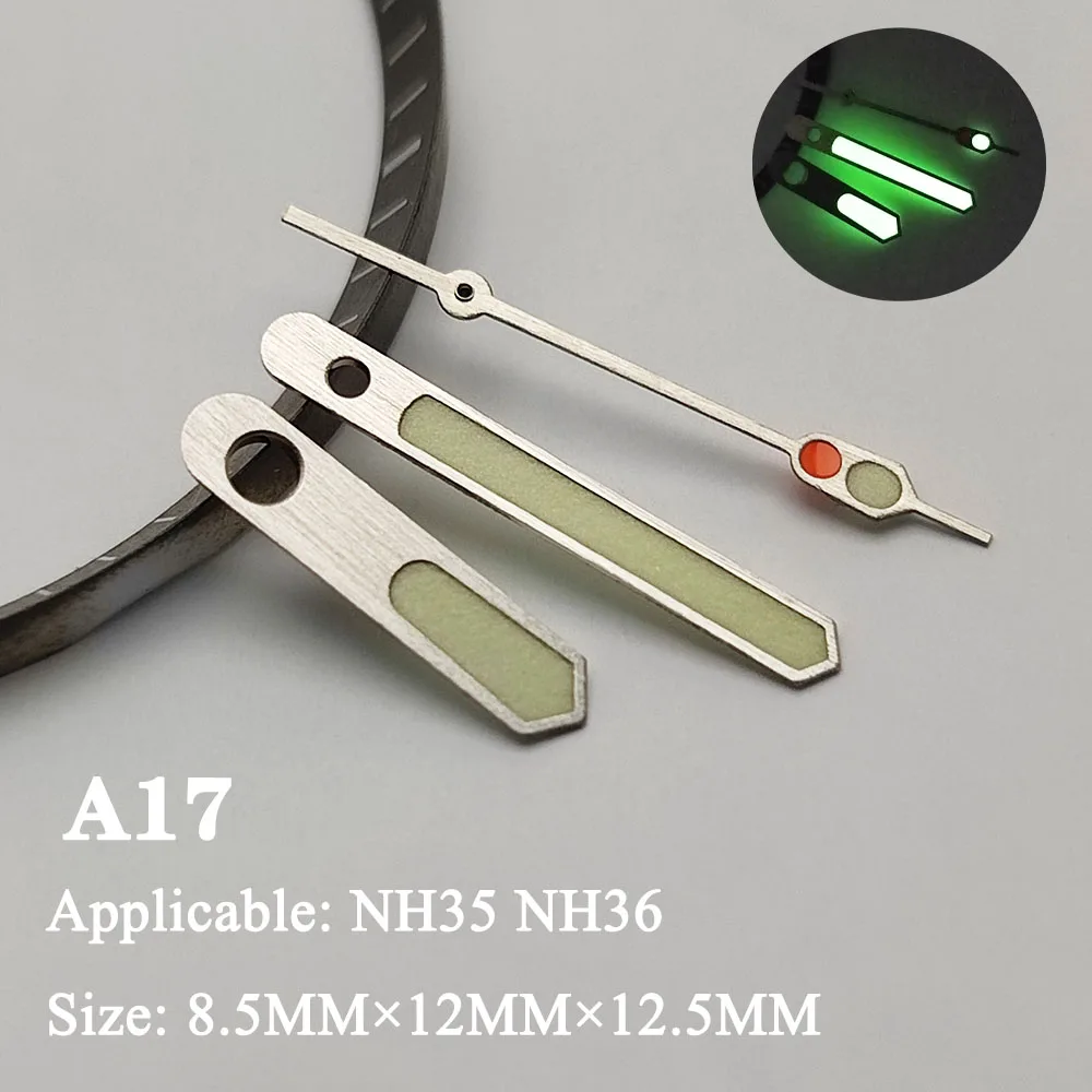Aiguilles de boîtier de montre avec pointeur, cadran lumineux vert, pièces de montre, A9, NH35, NH36
