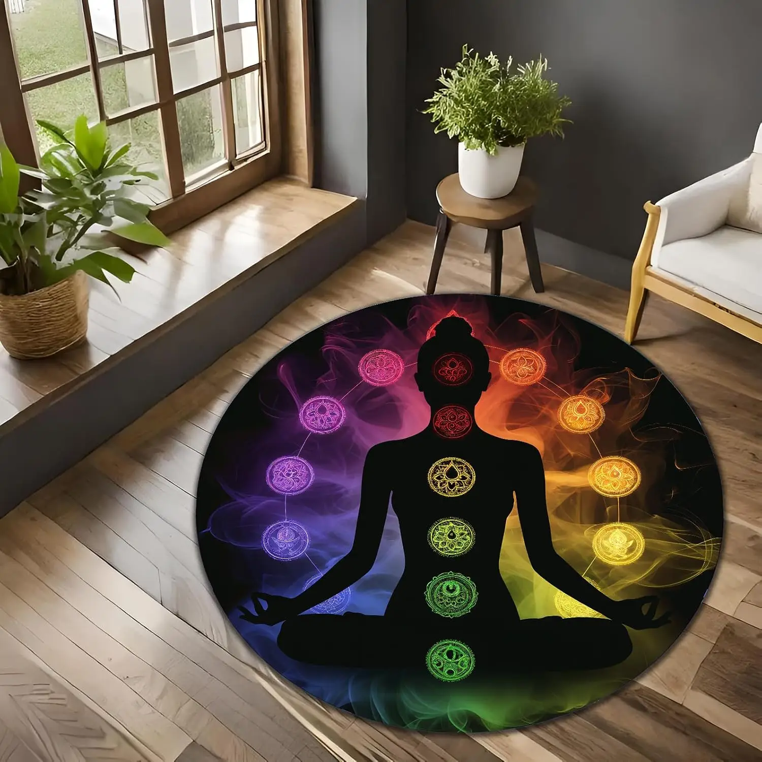 Boho Mandala Chakra Yoga Mat Round Meditation Cushion Floor Rug Spiritual Energy Mat for Yoga Wellness Practice and Home Decor D