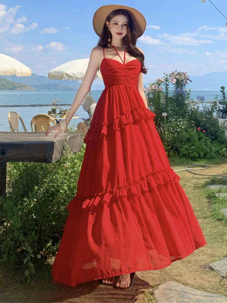 2023 frauen Sommer Sexy Backless Urlaub Strand Party Kleid Elegante Mode Ärmellose Boho Rot Rüschen Chiffon Lange Kleider Robe