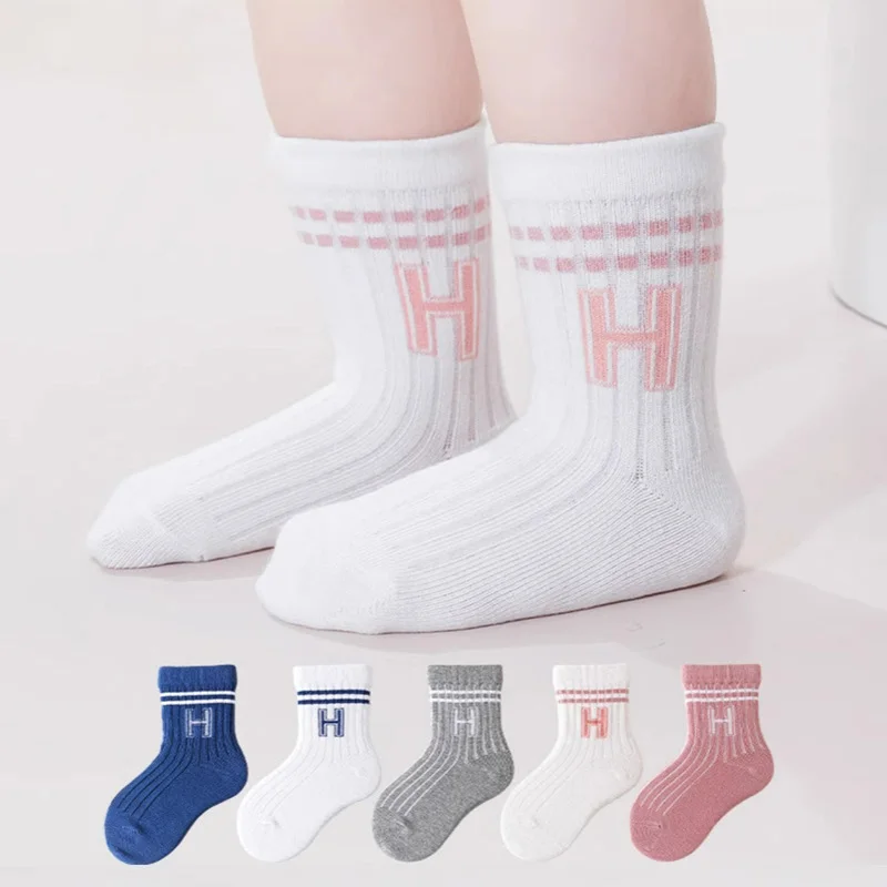 H Letter Baby Cotton Socks Sweat-absorption Breathable Spring Autumn Toddler Middle Tube Sock 0-3Year Boy Girl Kids Sport Socks
