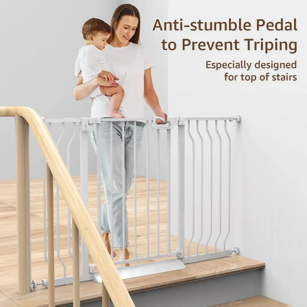 Baby Gate for Stairs, Pressure Mounted Baby Gate for Top of Stair&Doorway with V-Shaped Rods, Anti-Trip Pedal, Extra Wide Stairs