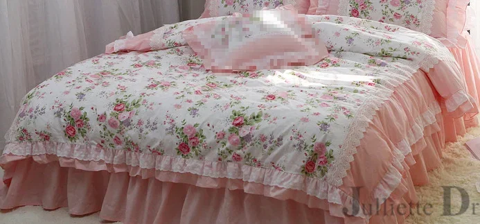 Romantic Ruffle Luxury Duvet Cover Rose Print Bedding King Duvet Cover Lace Bed Set Princess Cotton Quilt Cover Duvet Set Queen