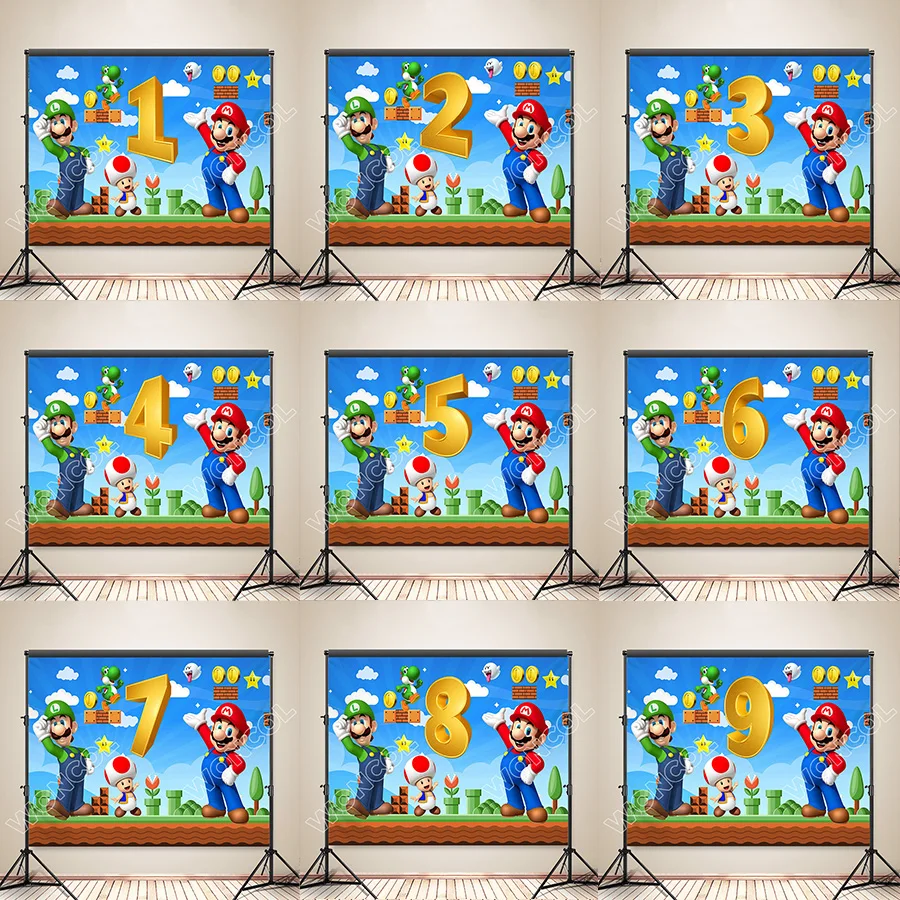 Super Mario Birthday Backdrop Mario Luigi Toad Yoshi Background Custom Super Mario Bros Banner Baby Shower Decor Photocall Props